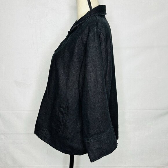 Flax 100% Black Linen Jacket Womens Sz M Button-Front Lagenlook Slash Pockets - Picture 4 of 6
